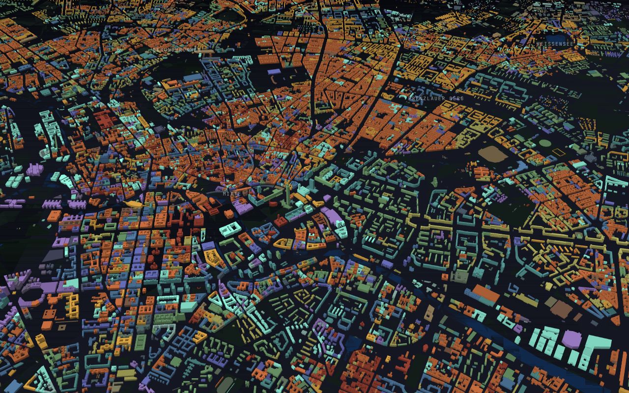 The map: central Berlin from above, its buildings coloured by the period they were built, the tenements of 1870-1918 in orange, post-war buildings in greens and blues, those built since 2010 in teal.